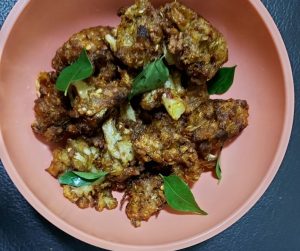 The dish - Cauliflower fritters or gobi pakora or fried cauliflower recipe- Being Rubitah- family recipes