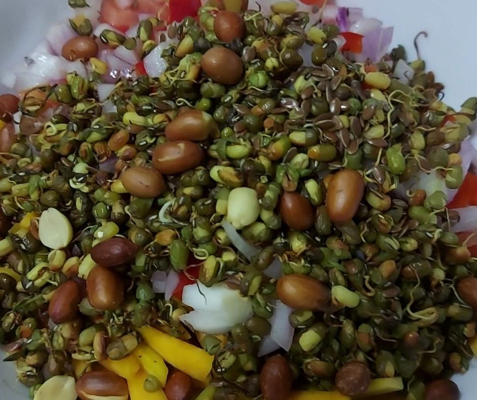 Add the fresh vegetables and pulses- Diabetes friendly raw pumpkin chaat recipe- Being Rubitah- healthy indian recipes