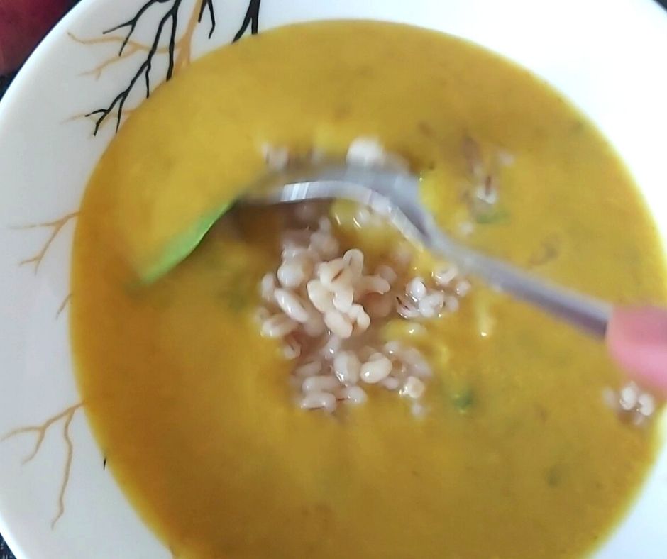 Add barley- spiced pumpkin soup with coconut milk and spinach- Being Rubitah- family recipes