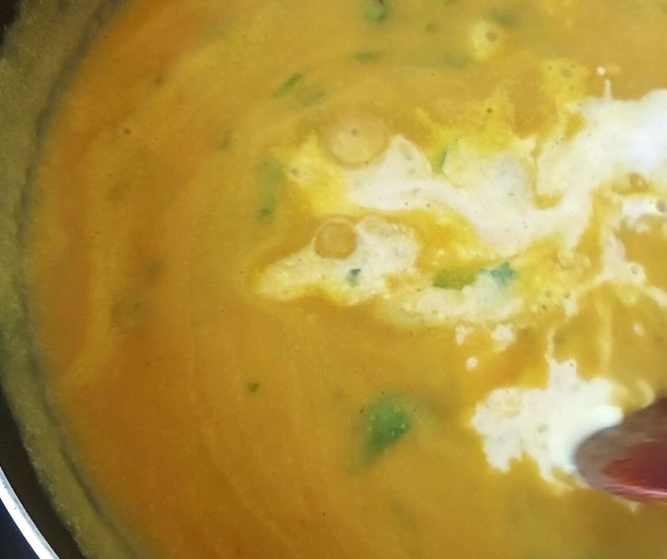 Add coconut milk- spiced pumpkin soup with coconut milk and spinach- Being Rubitah- family recipes