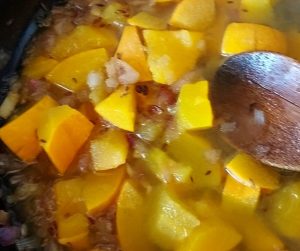 Add cooked pumpkin- spiced pumpkin soup with coconut milk and spinach- Being Rubitah- family recipes