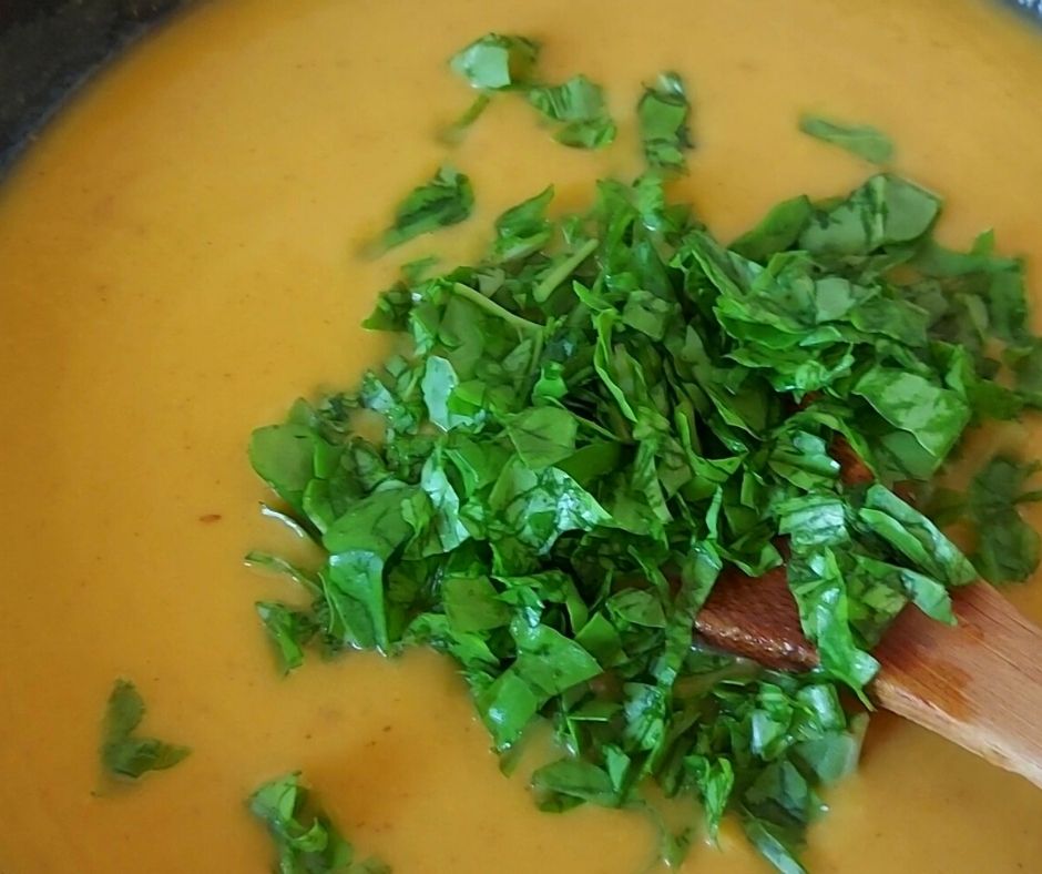 Add spinach- spiced pumpkin soup with coconut milk and spinach- Being Rubitah- family recipes